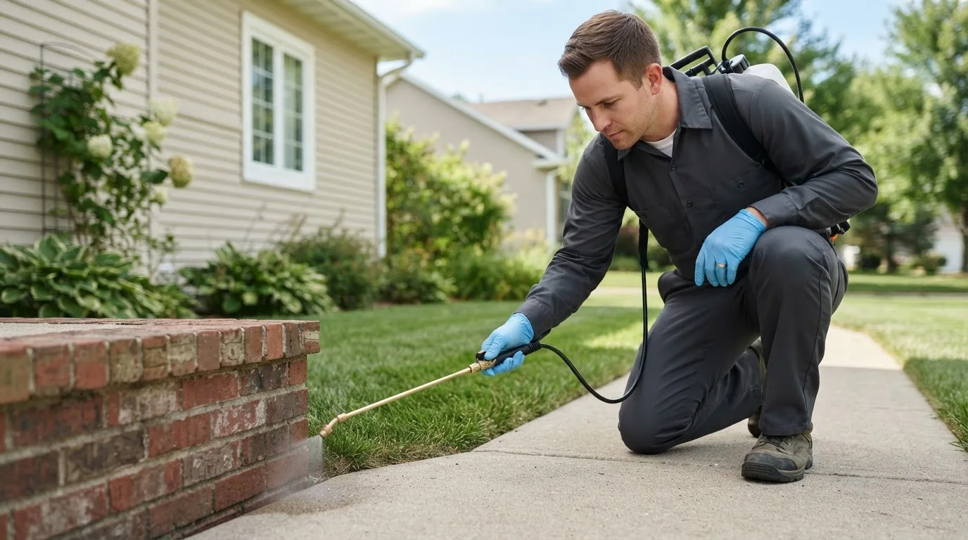 Pest control technician treating a home near Pekin, IN
