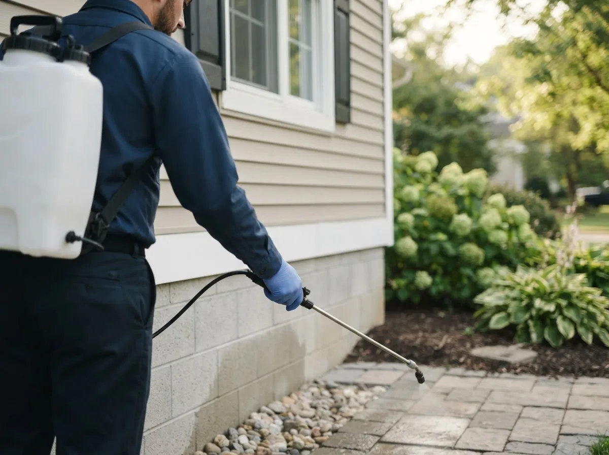 Pest control technician inspecting a home in Pekin, IN